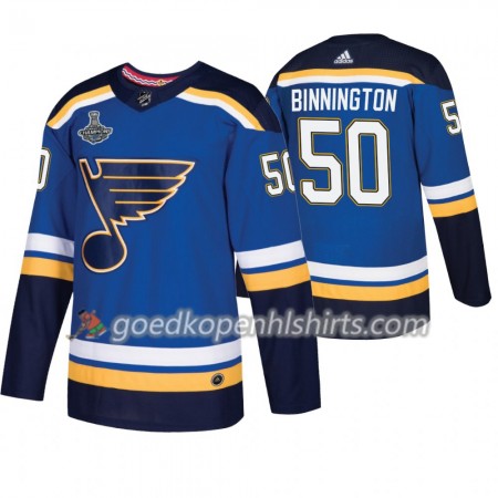 St. Louis Blues Jordan Binnington 50 Adidas 2019 Stanley Cup Champions Royal Authentic Shirt - Mannen